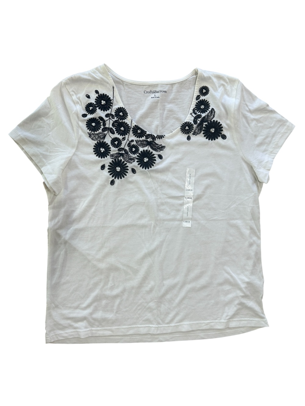 croft & barrow White Short-Sleeve Scoop Neck Tee with Navy Floral Embroidery L